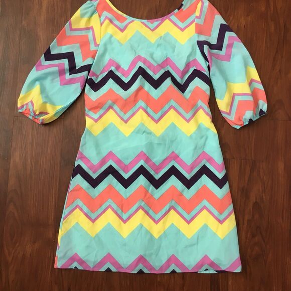 Jun & Min Sz Small Pastel Color Chevron Party Dress Puffy Sleeves Bow On Back - Picture 1 of 12